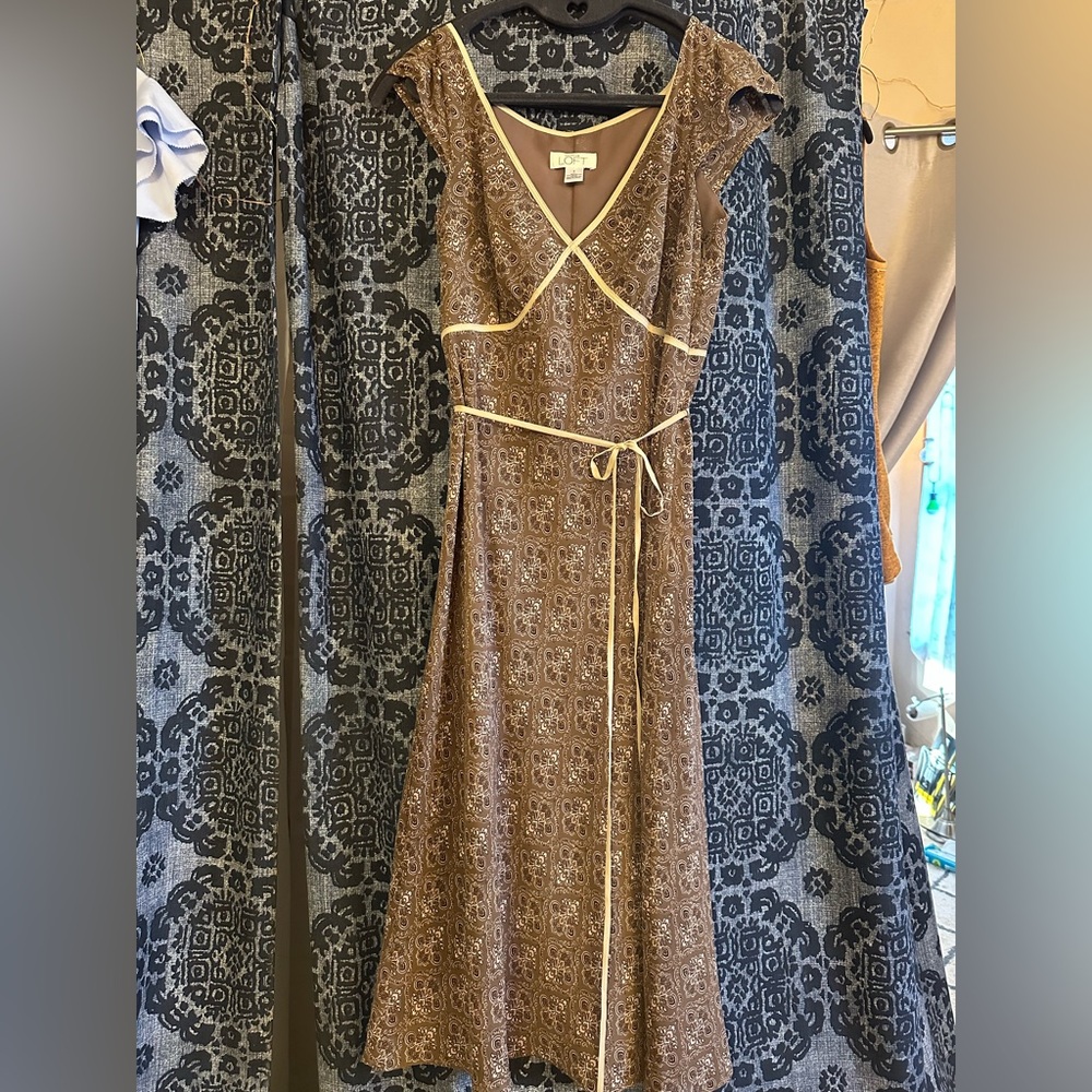LOFT Brown Long Sleeve Patterned Dress